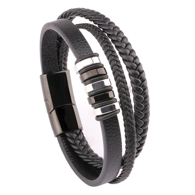 Classic Cross Leather Bracelet for Men Handsome Jewelry Gift Multilayer Wrap Bracelet with Metal Magnetic Clasp