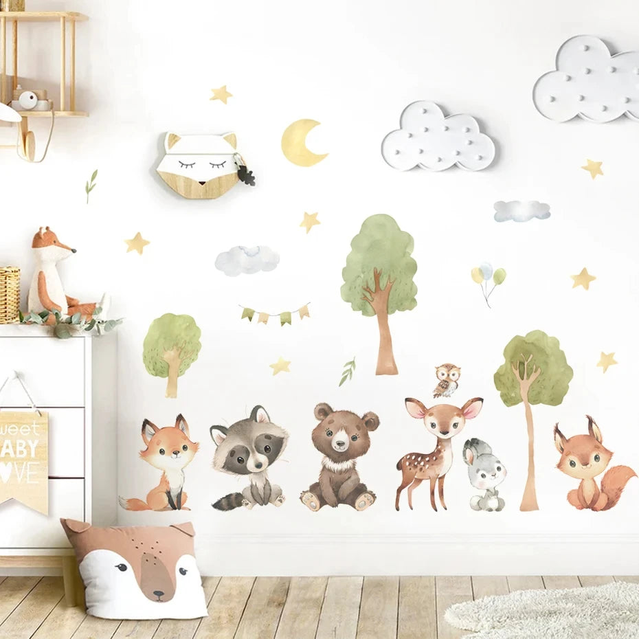 Forest Animals Theme Bear Deer Rabbit Children's Wall Stickers for Kids Room Baby Room Decoration Wallpaper Wall Decals Nursery