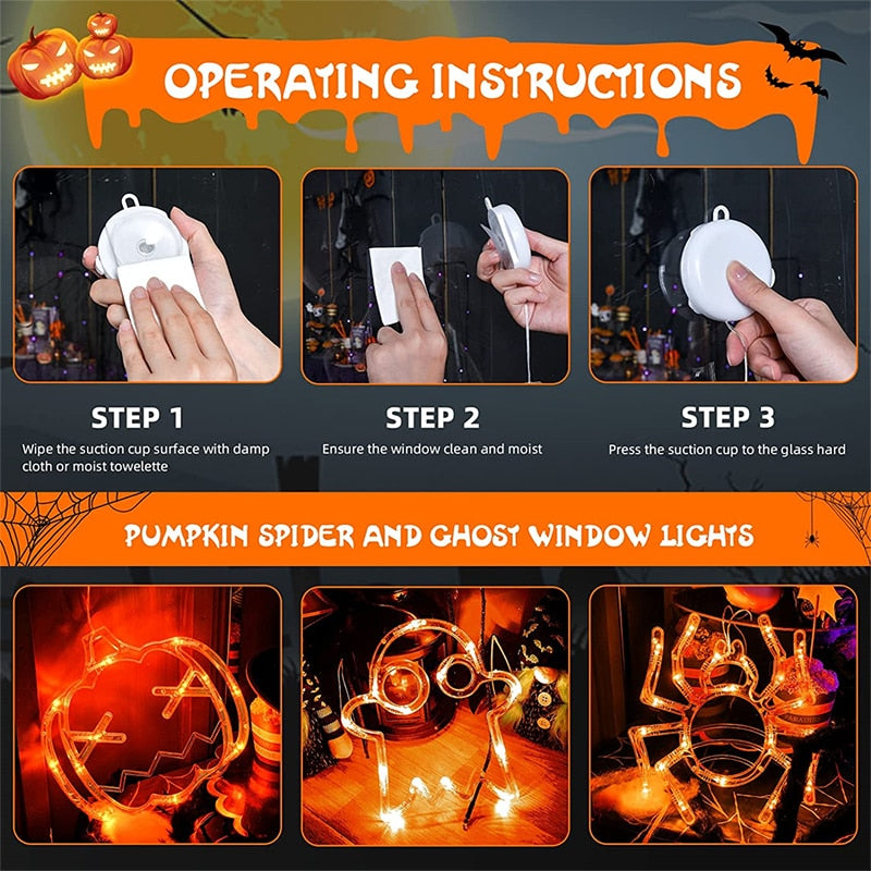 Light Up Halloween Window Lights Pumpkin Spider Bat LED Sucker Lamp Atmosphere Decoration Lamp String For Halloween Window Decor