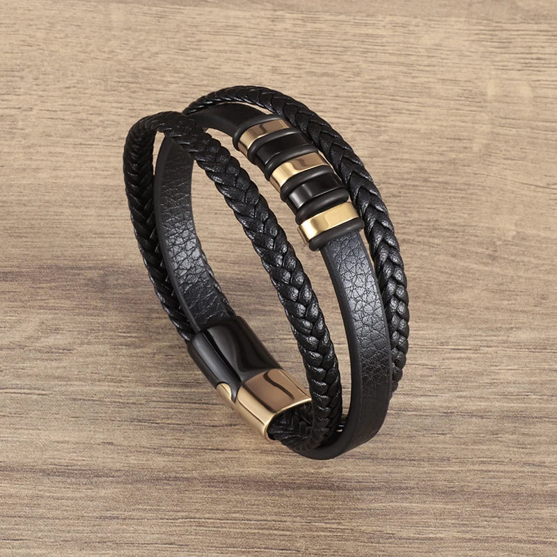 Classic Cross Leather Bracelet for Men Handsome Jewelry Gift Multilayer Wrap Bracelet with Metal Magnetic Clasp