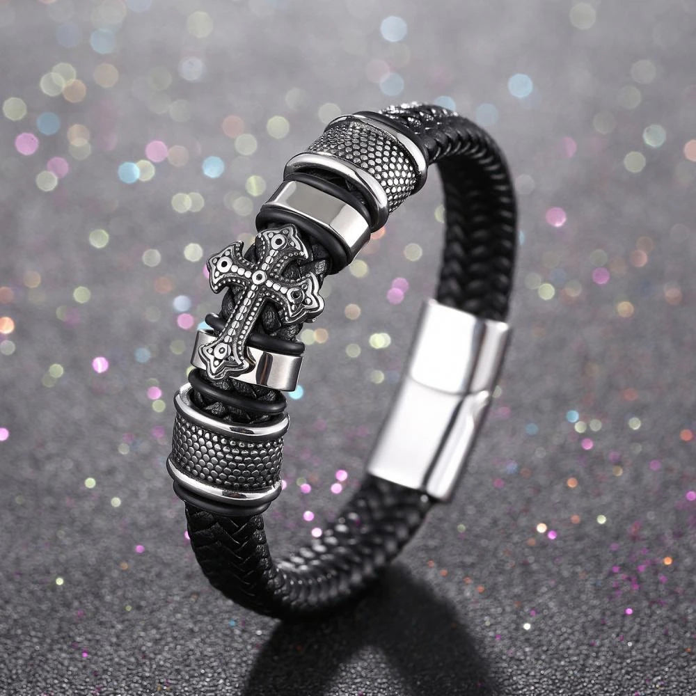 Trendy Charm Braided Leather Bracelets Classic Design Cross Leather Men Bracelets Titanium Steel Accessories Jewelry