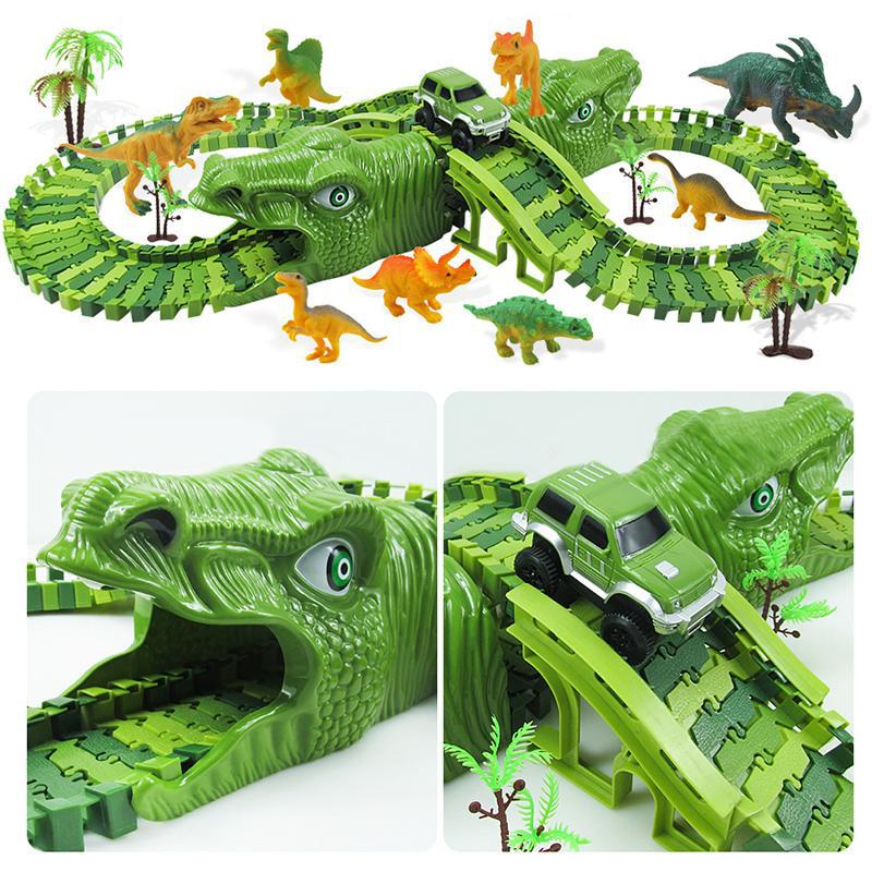 153pcs Dinosaur Electric Rail Car Track Racing Toy Set Bend Flexible Race Track Flash Light Car Educational Toys for Kids Gift