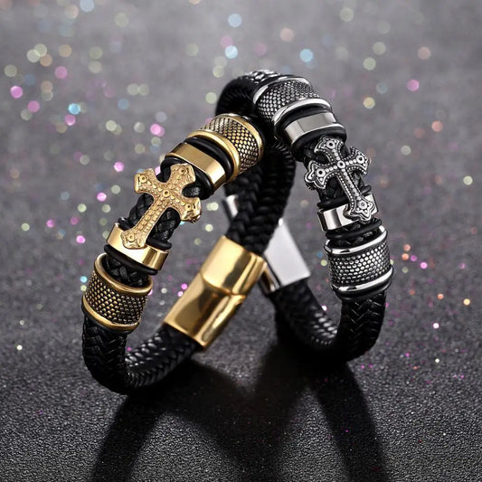 Trendy Charm Braided Leather Bracelets Classic Design Cross Leather Men Bracelets Titanium Steel Accessories Jewelry