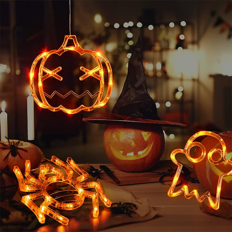 Light Up Halloween Window Lights Pumpkin Spider Bat LED Sucker Lamp Atmosphere Decoration Lamp String For Halloween Window Decor