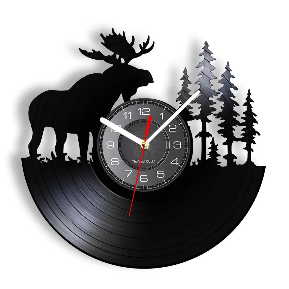 Wild Woodland Animal Forest Bull Elk Wall Clock Wildlife Exclusive Hanging Lamp Vinyl Record Clock Wall Art