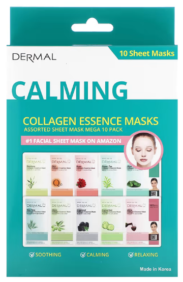 Dermal, Collagen Essence Sheet Masks, Calming, Assorted, 10 Sheet Masks, 0.81 oz (23 g) Each