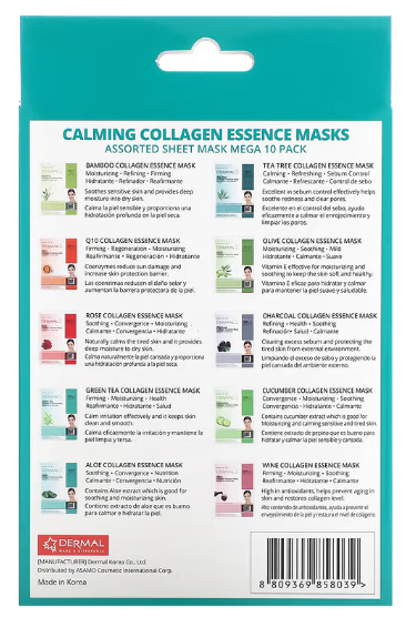 Dermal, Collagen Essence Sheet Masks, Calming, Assorted, 10 Sheet Masks, 0.81 oz (23 g) Each