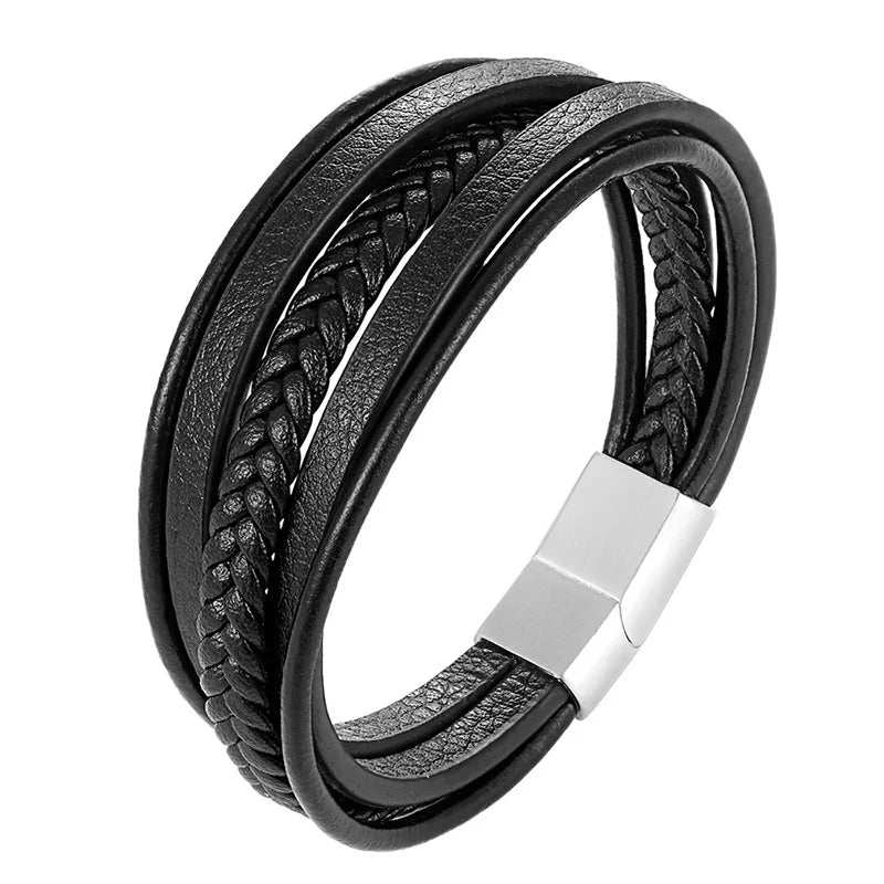 Classic Cross Leather Bracelet for Men Handsome Jewelry Gift Multilayer Wrap Bracelet with Metal Magnetic Clasp