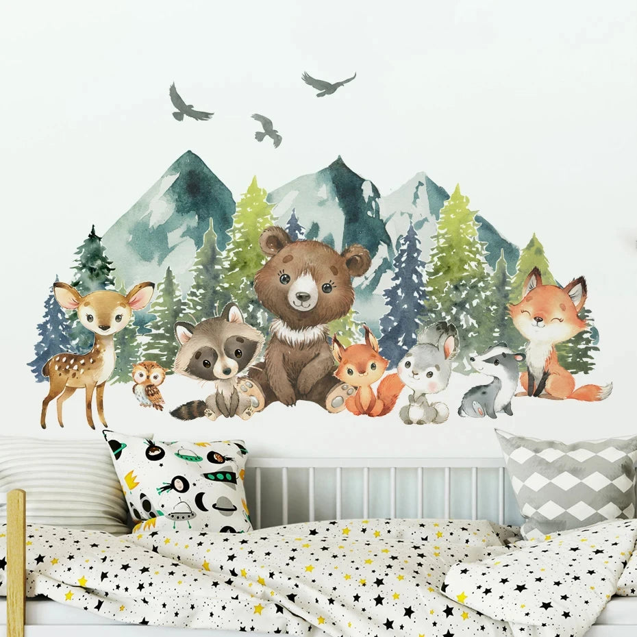 Forest Animals Theme Bear Deer Rabbit Children's Wall Stickers for Kids Room Baby Room Decoration Wallpaper Wall Decals Nursery