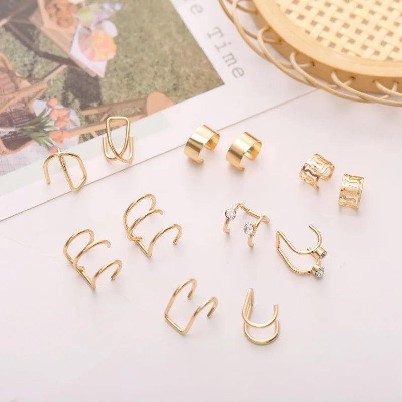 12Pcs Earcuff Golden Leaves Non-Piercing Jewelry Brincos U-Shaped Clip Earrings For Women Men Wholesale