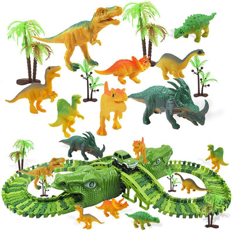 153pcs Dinosaur Electric Rail Car Track Racing Toy Set Bend Flexible Race Track Flash Light Car Educational Toys for Kids Gift