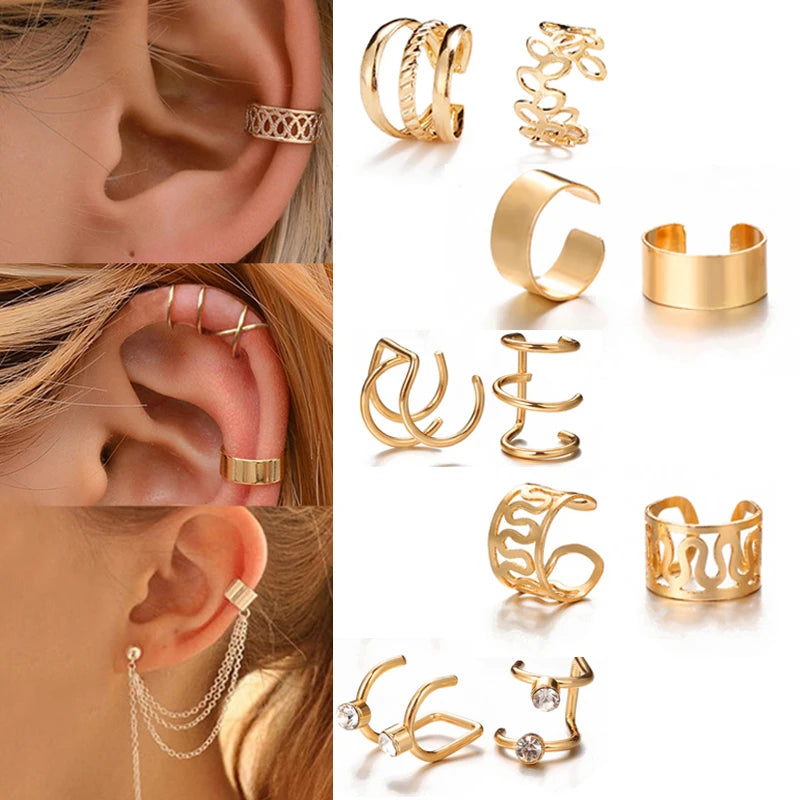 12Pcs Earcuff Golden Leaves Non-Piercing Jewelry Brincos U-Shaped Clip Earrings For Women Men Wholesale