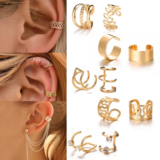 12Pcs Earcuff Golden Leaves Non-Piercing Jewelry Brincos U-Shaped Clip Earrings For Women Men Wholesale