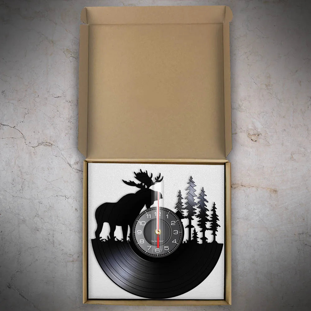 Wild Woodland Animal Forest Bull Elk Wall Clock Wildlife Exclusive Hanging Lamp Vinyl Record Clock Wall Art