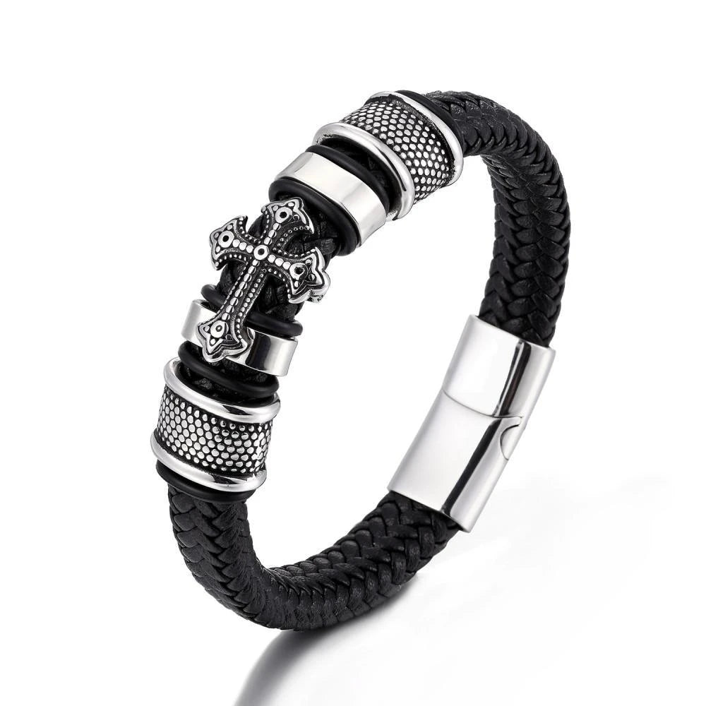 Trendy Charm Braided Leather Bracelets Classic Design Cross Leather Men Bracelets Titanium Steel Accessories Jewelry