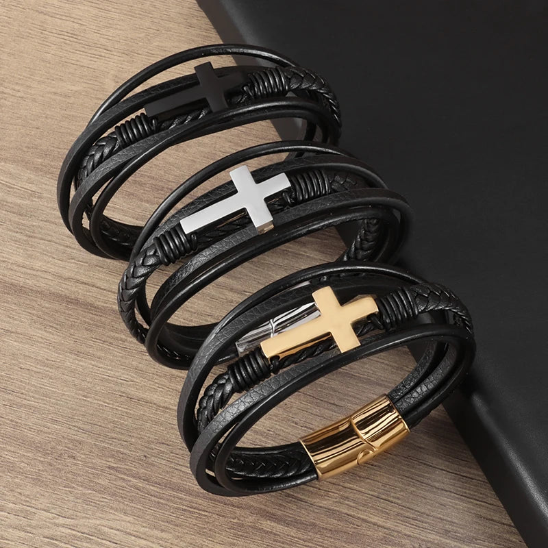 Classic Cross Leather Bracelet for Men Handsome Jewelry Gift Multilayer Wrap Bracelet with Metal Magnetic Clasp