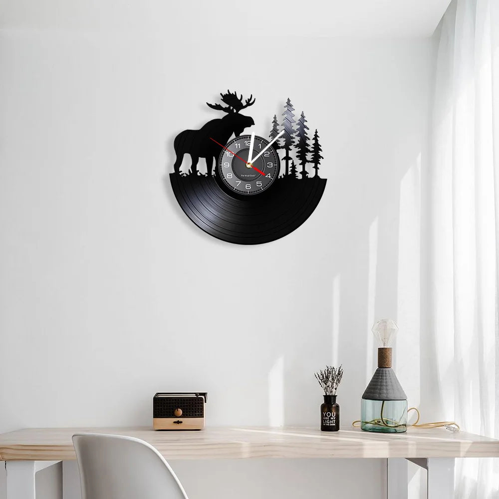 Wild Woodland Animal Forest Bull Elk Wall Clock Wildlife Exclusive Hanging Lamp Vinyl Record Clock Wall Art