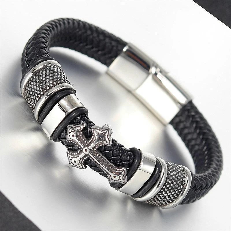 Trendy Charm Braided Leather Bracelets Classic Design Cross Leather Men Bracelets Titanium Steel Accessories Jewelry