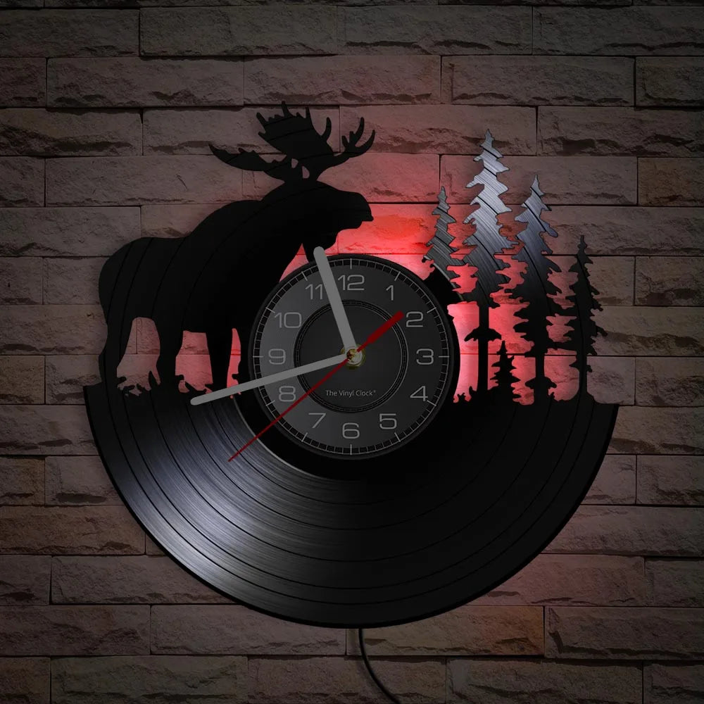 Wild Woodland Animal Forest Bull Elk Wall Clock Wildlife Exclusive Hanging Lamp Vinyl Record Clock Wall Art