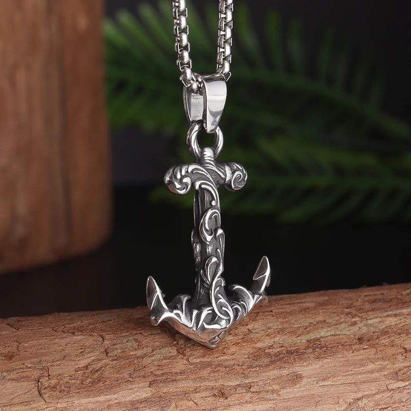 Vintage Nordic Navy Ship Rudder Anchor Pendant Necklace Men\\'s Rock Punk Jewelry