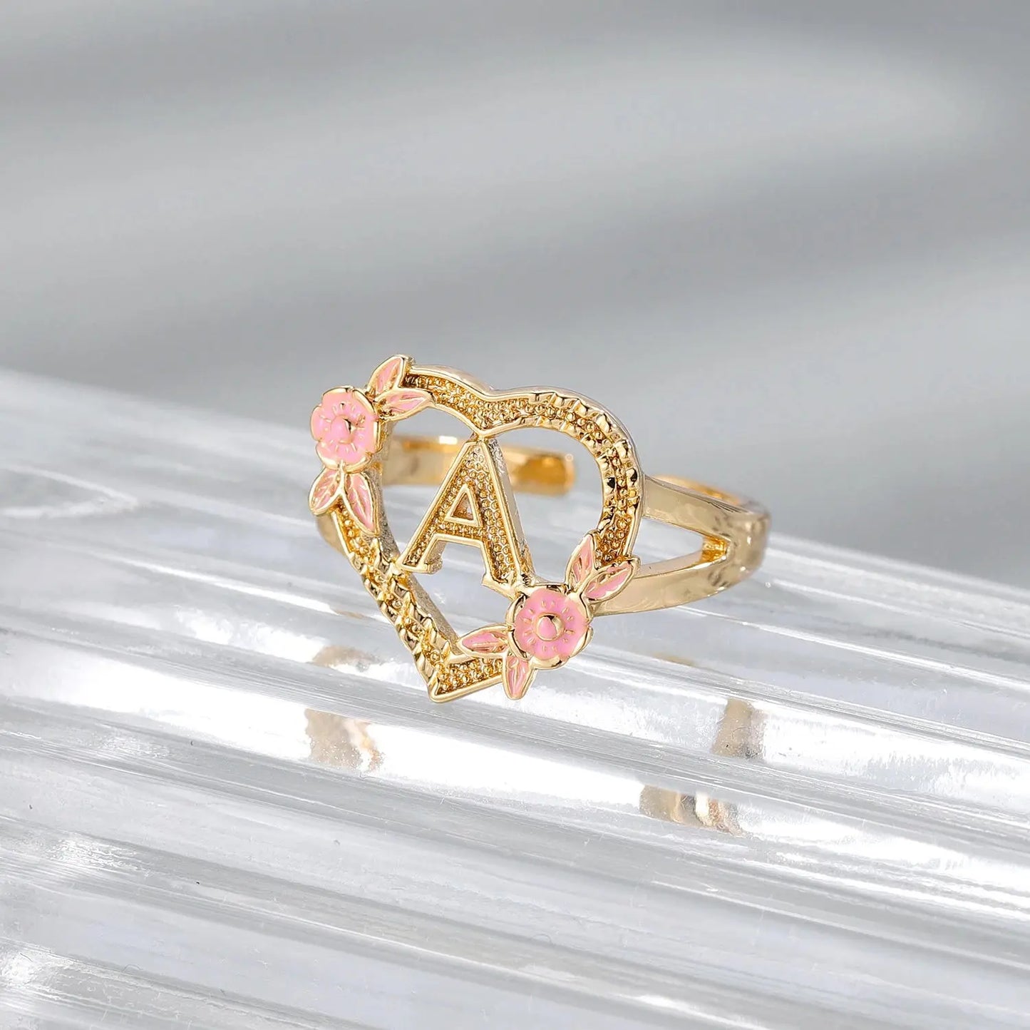 A-Z Letter Rings 18K GOLD PLATED CUSTOMIZED YELLOW & ROSE GOLD HEART INITIAL LETTER RING ANILLO ADJUSTABLE SIZES 6-12 Mom Gift - Image #3