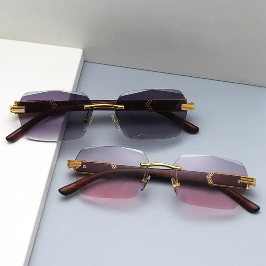 Irregular Metal Sunglasses With Wood Grain Temples - Image #1