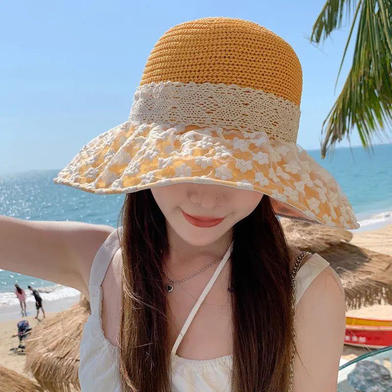 Lace Bow Straw Fisherman Hat Summer Outdoor Sunhat With Large Brim Anti-UV Sunshade And Face Protection Hat - Image #3