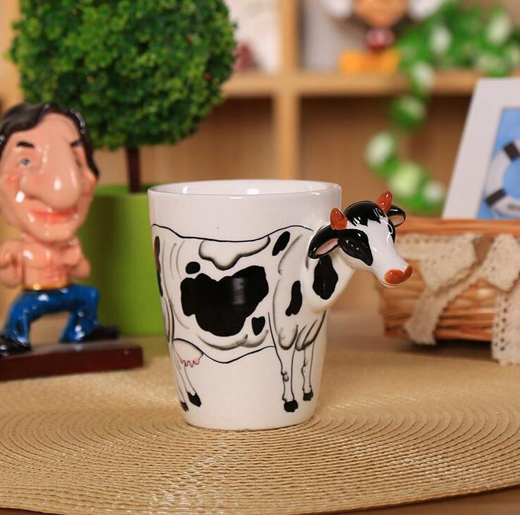 Festival gift Ceramic coffee milk tea mug 3D animal shape Hand painted Cow cup