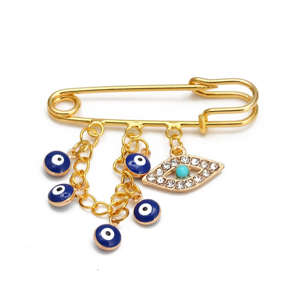 Lucky Eye Fatima Hamsa Hand Blue Turkish Evil Eye Brooch Pin Gold Color Alloy Charm Brooch for Women Men Fashion Jewelry BE102