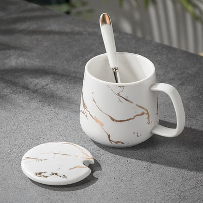 420ML Marble Couple Cup Ceramic Coffee Mug With spoon an Cover Creative Valentine&#39;s Day Wedding Birthday Gift