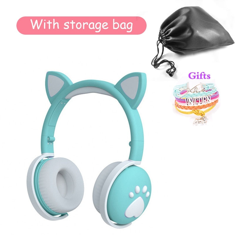 Cute Kids Headphones Wireless Earphones,Control LED light Cat Ear Girl Child Gift Blue-tooth Gaming Headset Stereo Bass With Mic