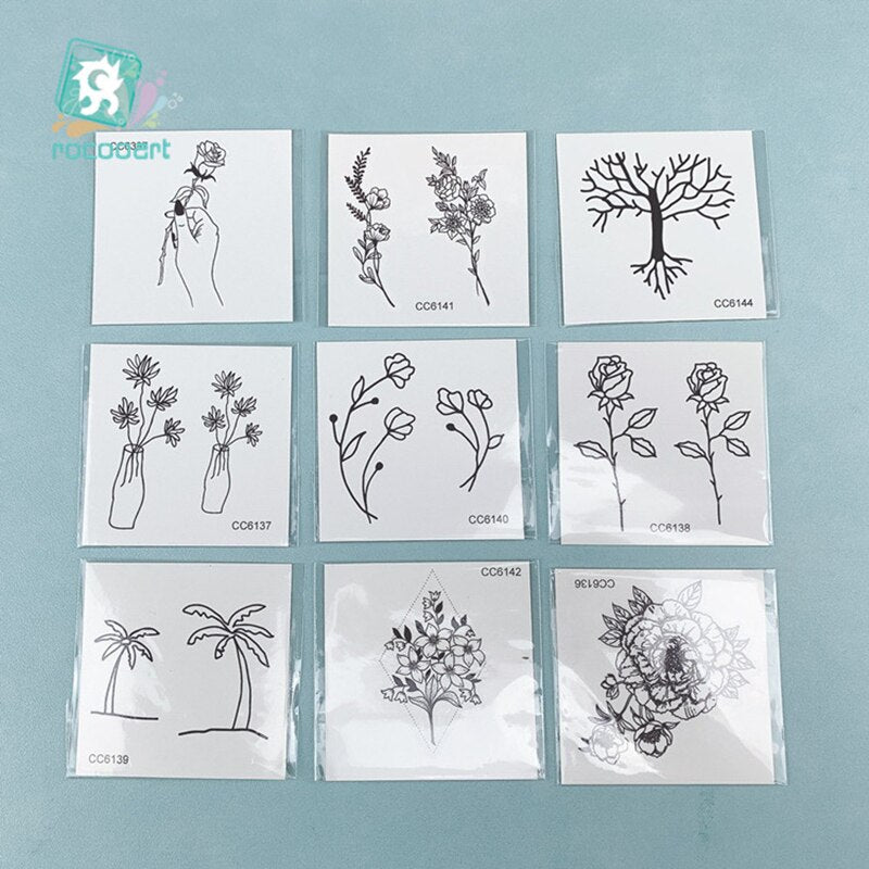 Rocooart Hot sale Black White Style Tattoo Sticker Tree Flower Leaf  Temporary Tattoo Sticker Rose Body Art Tatouage Fake Tatoo