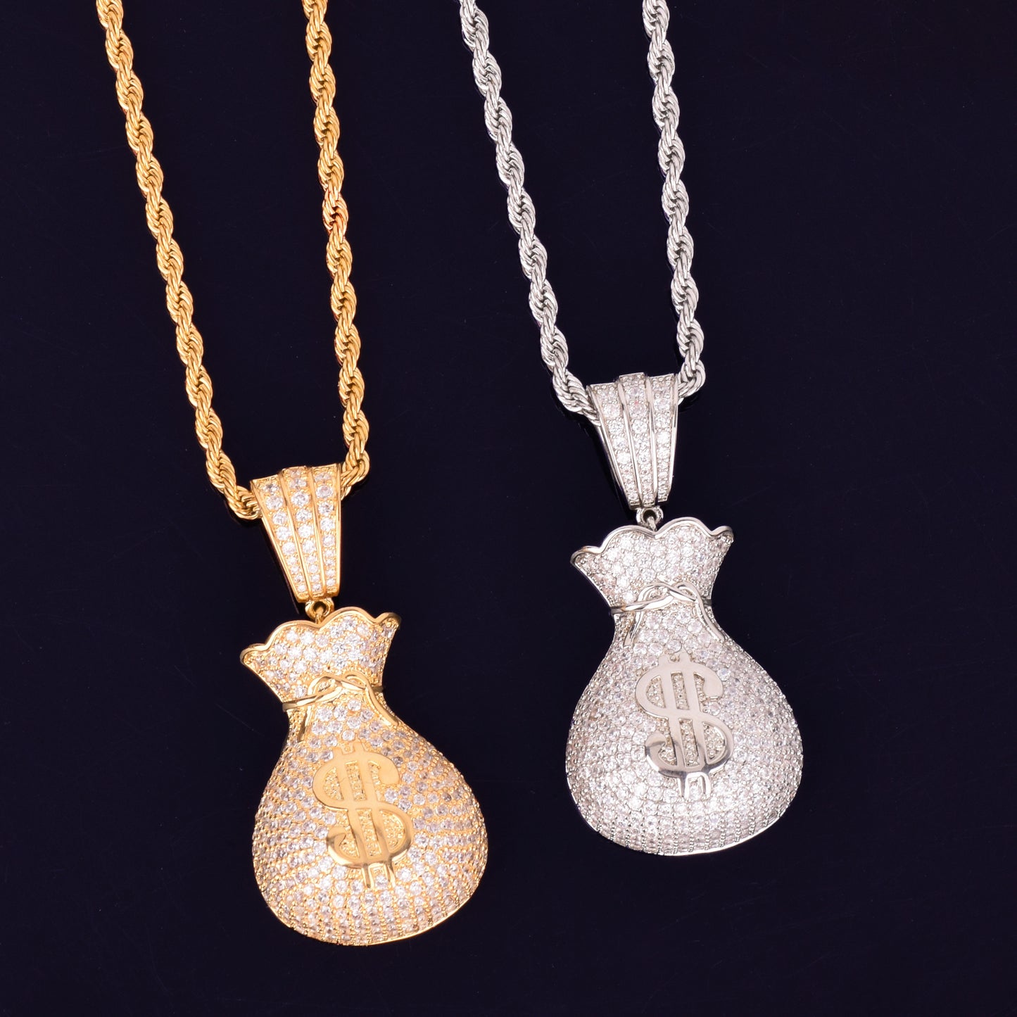 Men&#39;s Dollar Bag Pendant Necklace  Gold Color Bling Cubic Zircon Hip Hop Rock Jewelry