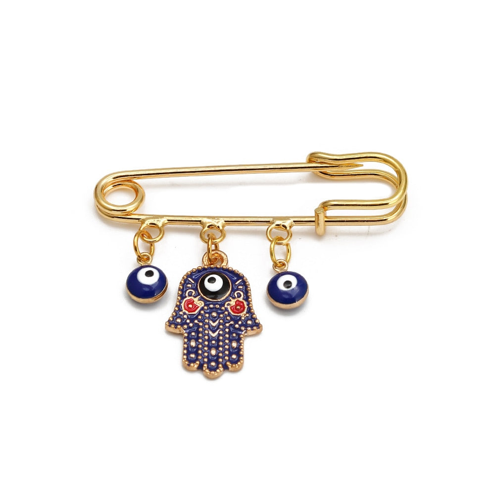 Lucky Eye Fatima Hamsa Hand Blue Turkish Evil Eye Brooch Pin Gold Color Alloy Charm Brooch for Women Men Fashion Jewelry BE102