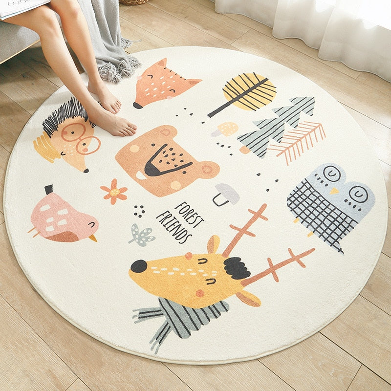 Cartoon Round Kids Bedroom Carpets Lamb Cashmere Home Living Room Non-Slip Carpet Sofa Tatami Bedside Rugs Baby Crawling Mat