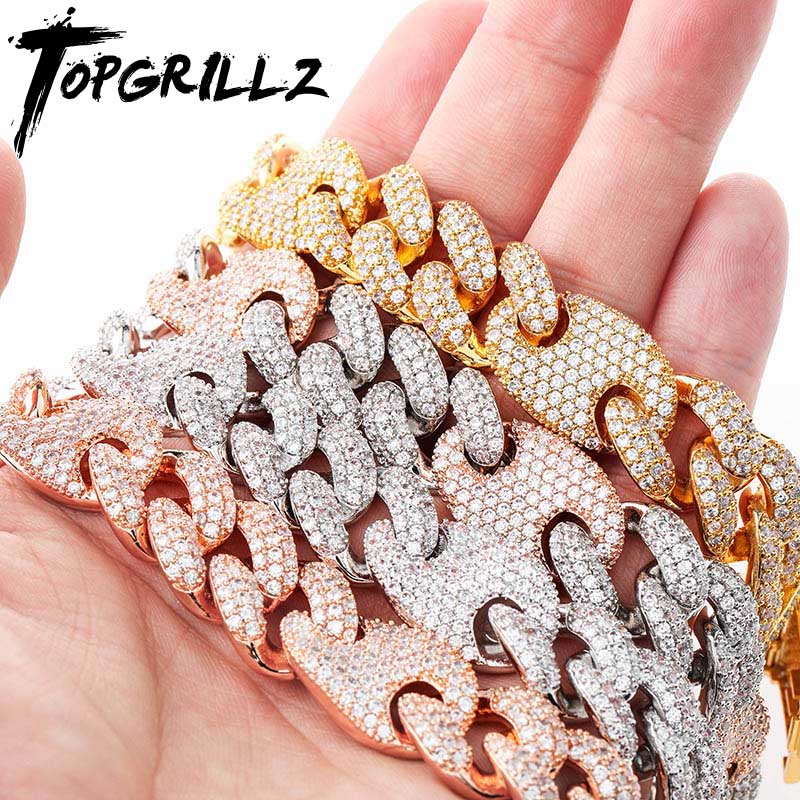 TOPGRILLZ 16mm Miami New Box Clasp Cuban Link Chain Gold Silver Color Necklace Iced Out Cubic Zirconia Bling Hip hop Jewelry