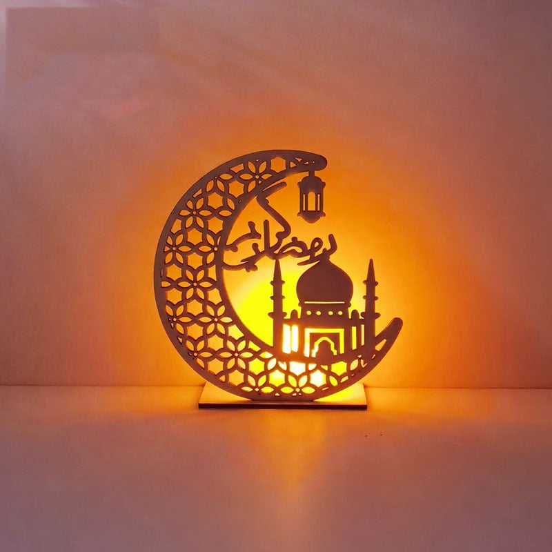 LED Eid Mubarak Wooden DIY Craft Ornament Pendant Islam Muslim Party Home Decoration Ramadan Kareem Event Party Supplies