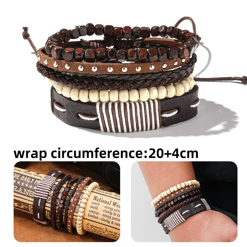 Trendy 5pcs Leather Wrap Bracelets Sets Bangles for Men Male Hippop Casual Jewelry Accessories Boyfriend Husband Gift Present