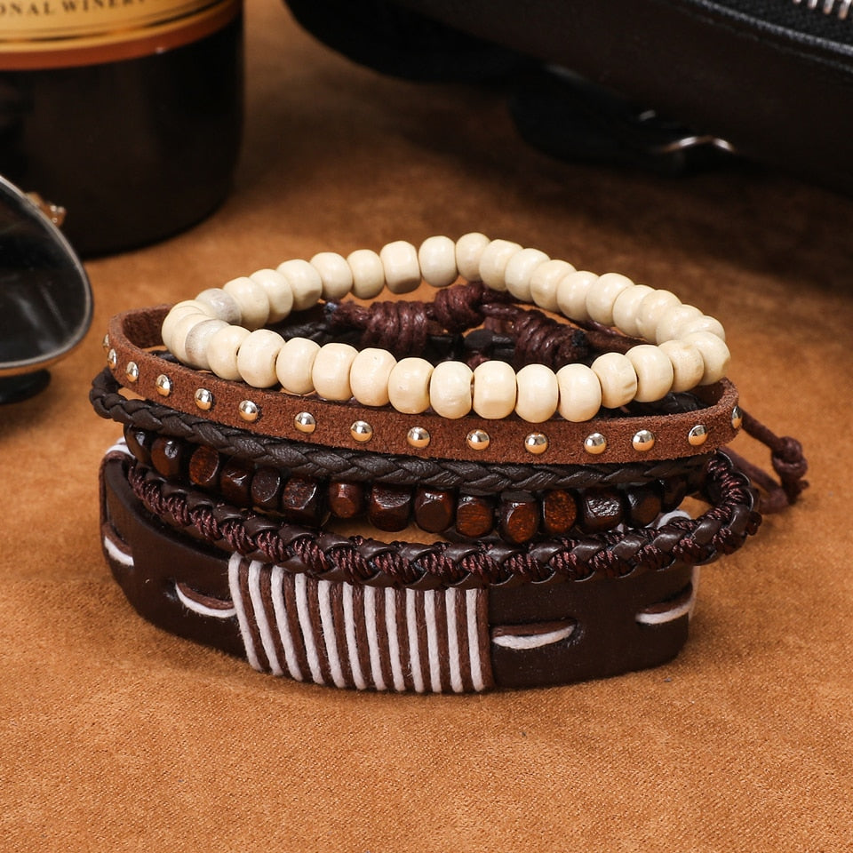 Trendy 5pcs Leather Wrap Bracelets Sets Bangles for Men Male Hippop Casual Jewelry Accessories Boyfriend Husband Gift Present