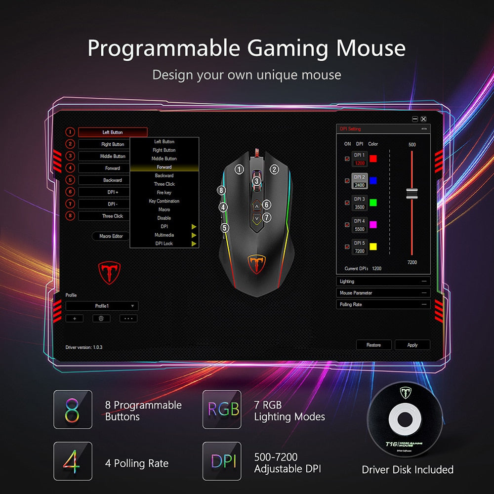 VicTsing T16 Wired Gaming Mouse 8 Programmable Button 7200 DPI USB Computer Mouse Gamer Mice With RGB Backlight For PC Laptop