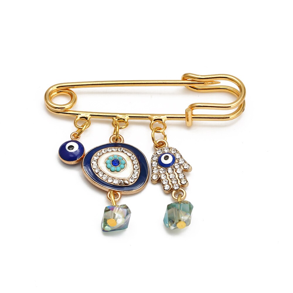 Lucky Eye Fatima Hamsa Hand Blue Turkish Evil Eye Brooch Pin Gold Color Alloy Charm Brooch for Women Men Fashion Jewelry BE102