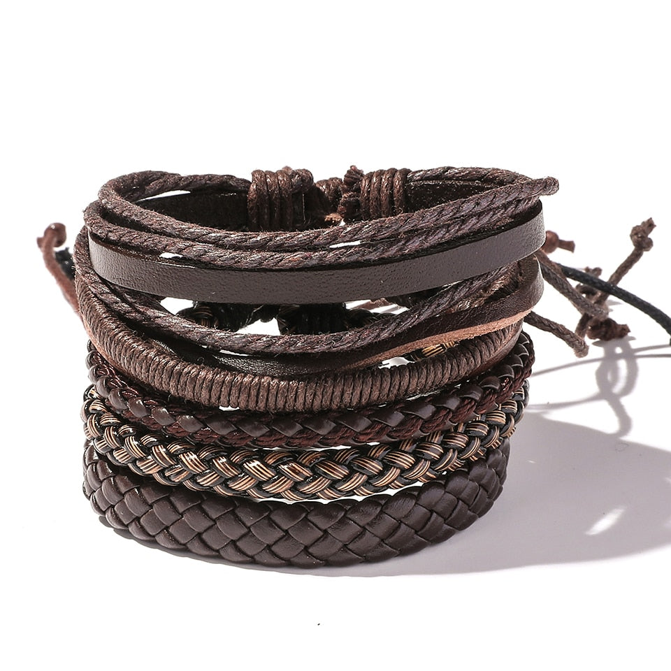 Trendy 5pcs Leather Wrap Bracelets Sets Bangles for Men Male Hippop Casual Jewelry Accessories Boyfriend Husband Gift Present