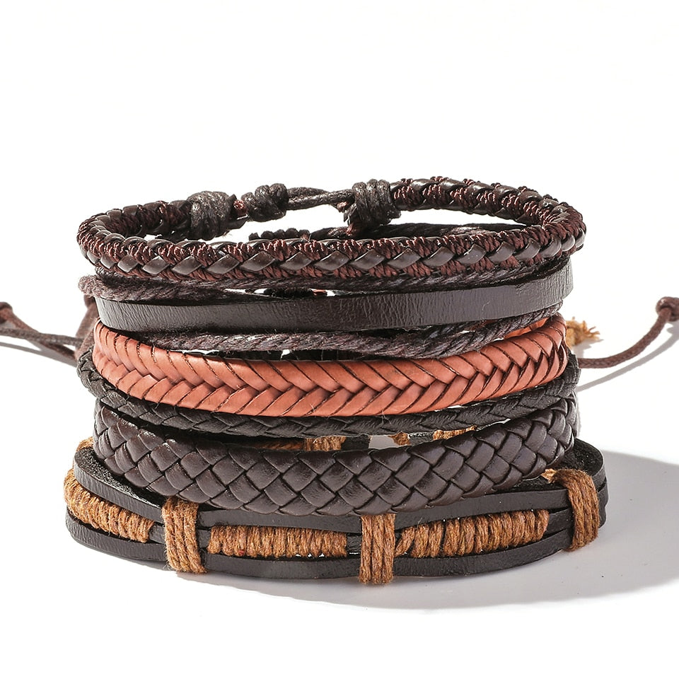 Trendy 5pcs Leather Wrap Bracelets Sets Bangles for Men Male Hippop Casual Jewelry Accessories Boyfriend Husband Gift Present