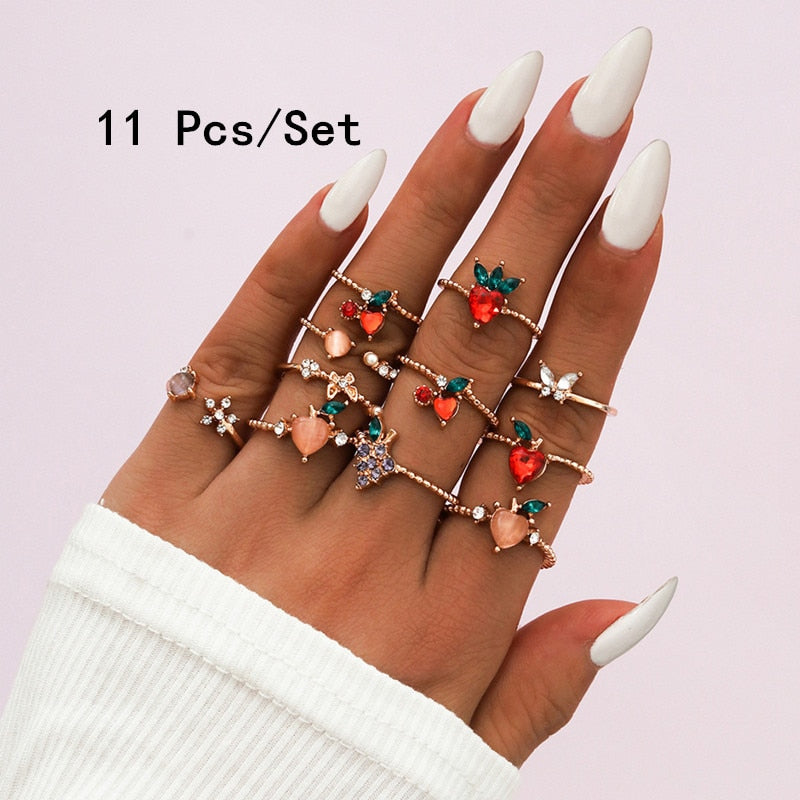 11 Pcs/Set Sweet Crystal Apple Strawberry Cherry Grape Rings for Women Fashion Butterfly Fruit Gem Gold Rings Set Party Jewelry