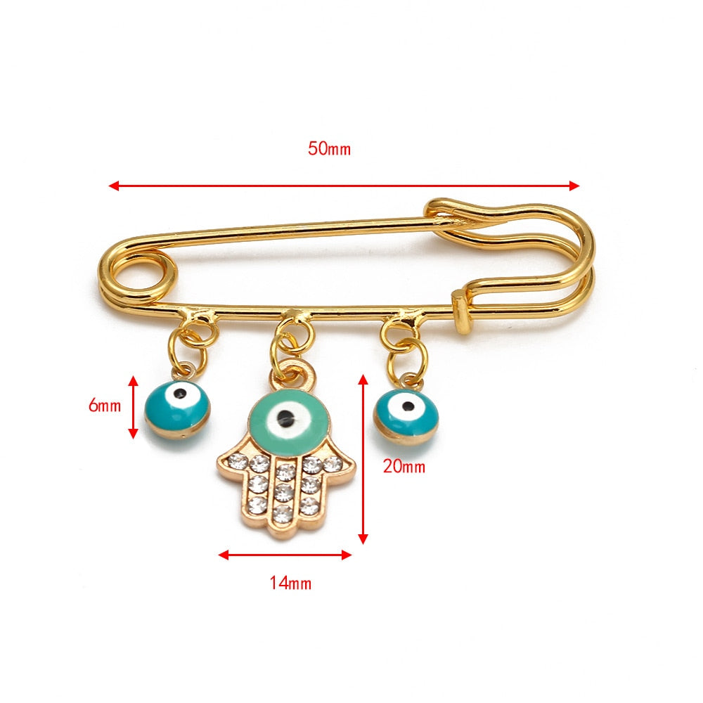 Lucky Eye Fatima Hamsa Hand Blue Turkish Evil Eye Brooch Pin Gold Color Alloy Charm Brooch for Women Men Fashion Jewelry BE102