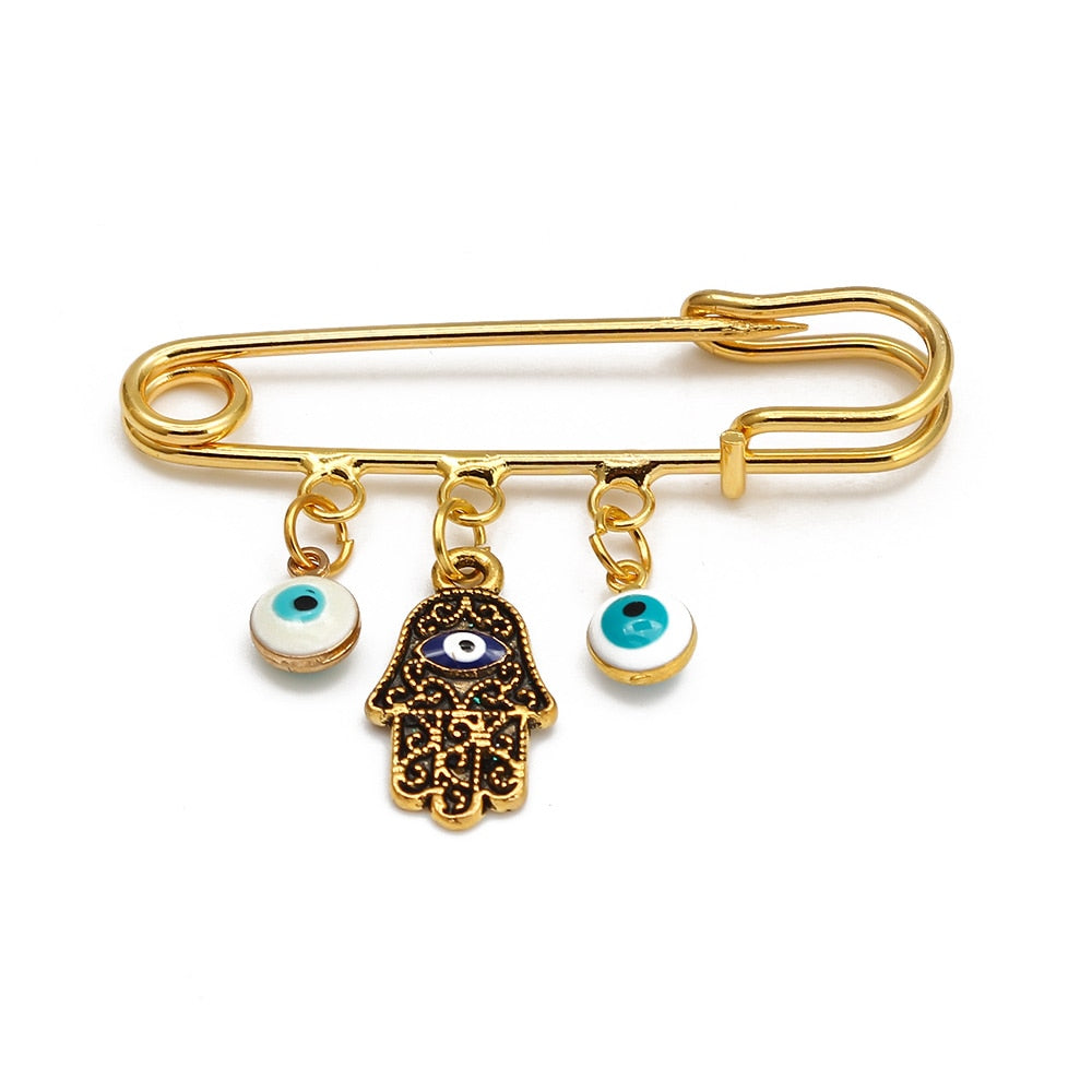 Lucky Eye Fatima Hamsa Hand Blue Turkish Evil Eye Brooch Pin Gold Color Alloy Charm Brooch for Women Men Fashion Jewelry BE102