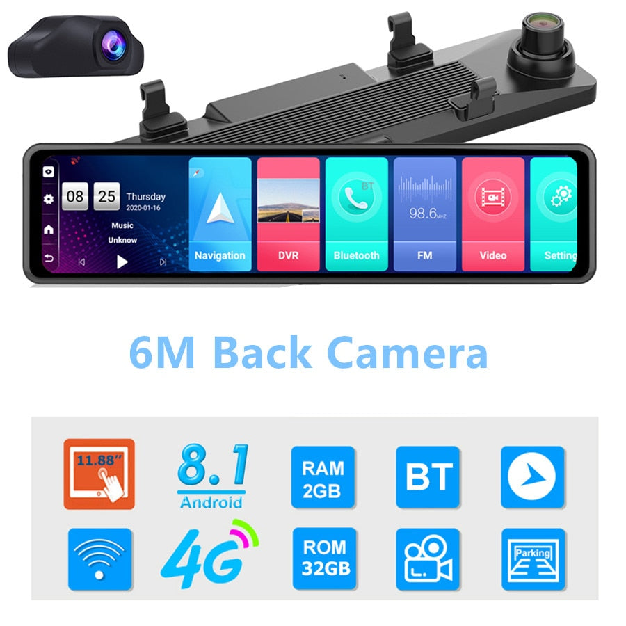 12 Inch 4G Android Rearview Mirror Car DVR HD 1080P GPS WIFI ADAS Dash Cam4G+32G Dual Lens Recorder Auto Camera Registrar DVRs