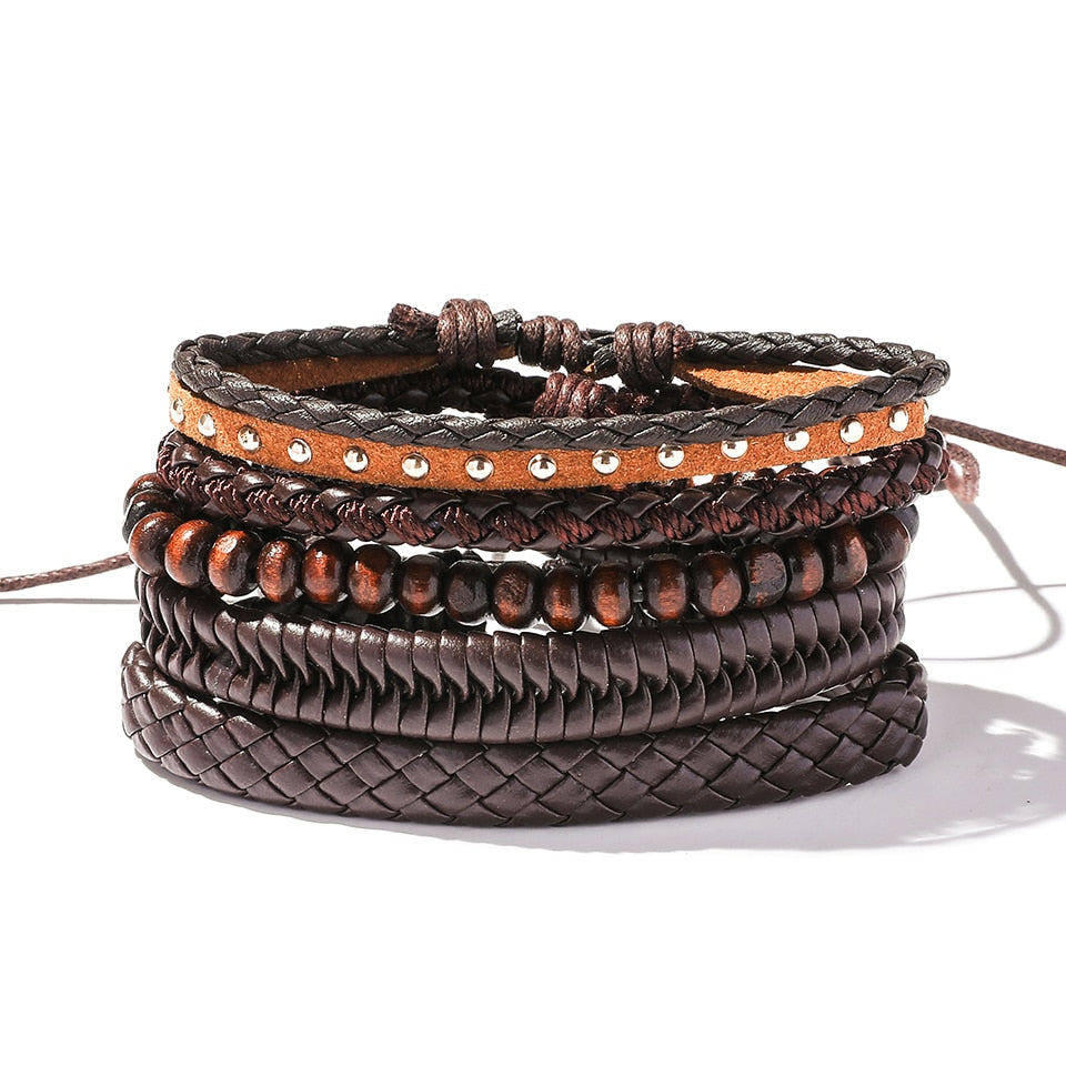 Trendy 5pcs Leather Wrap Bracelets Sets Bangles for Men Male Hippop Casual Jewelry Accessories Boyfriend Husband Gift Present