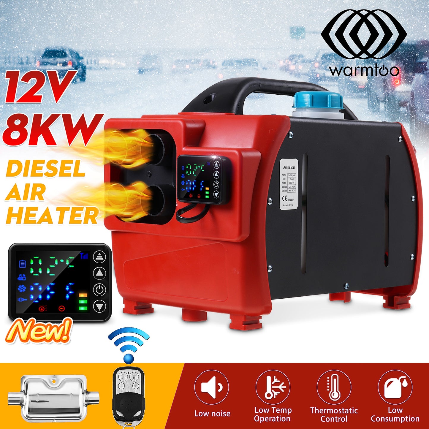 Warmtoo All In One Mini Diesel Air Heater 8KW 12V One Hole Car Heater For Trucks Motor-Homes LCD /Button Remote New Arrival