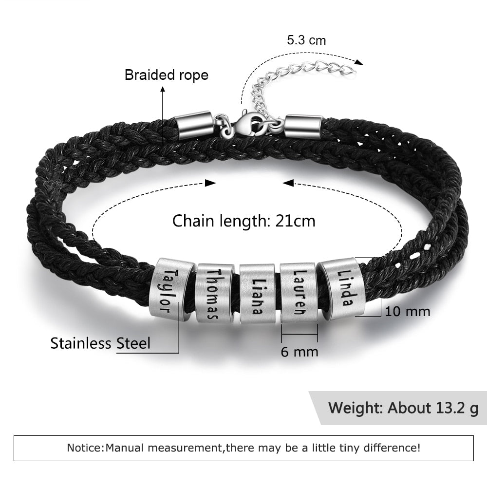 JewelOra Personalized Stainless Steel Custom Name Beads Bracelet Adjustable Multilayer Braided Rope Men Bracelets Dad Gift